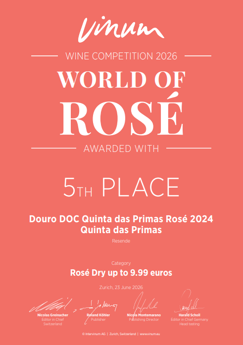 Prémio 5.º lugar mundial Vinum World of Rosé 2026 — Quinta das Primas